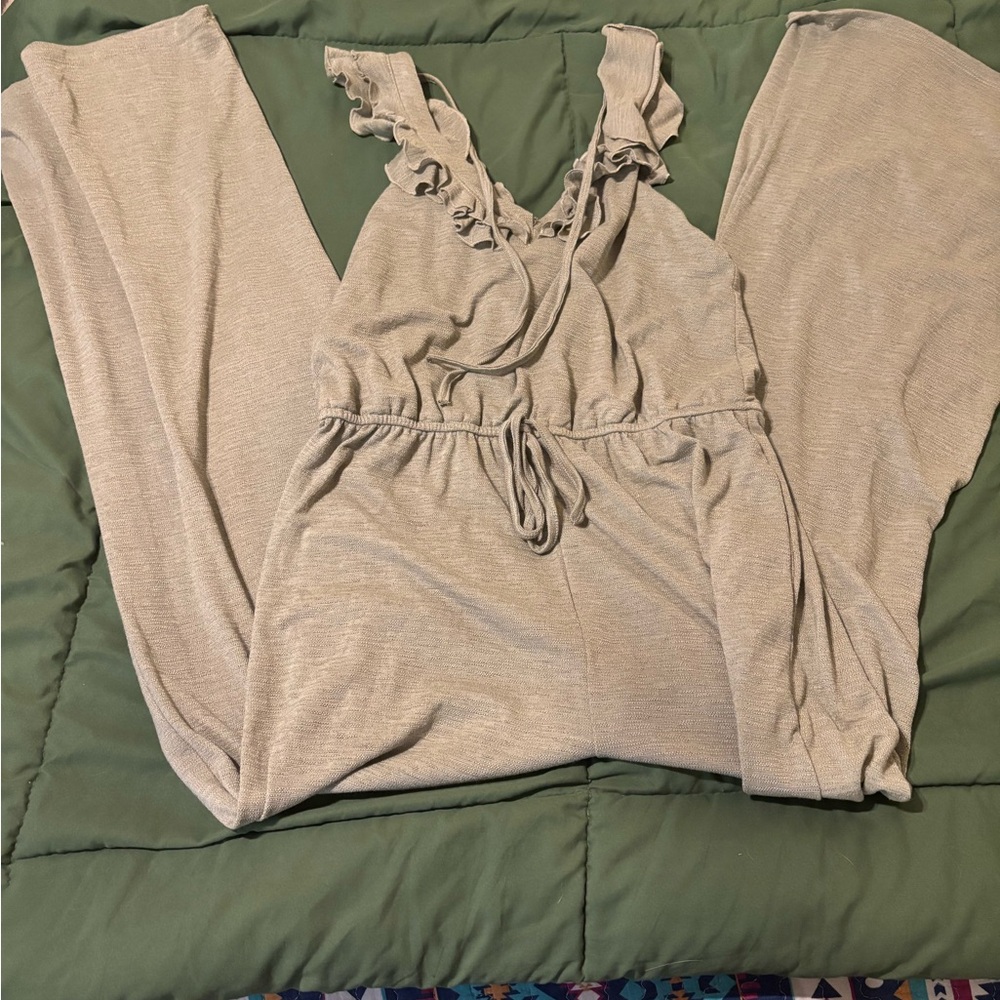 Main Strip Ruffle Strap Jumpsuit in Light Taupe
